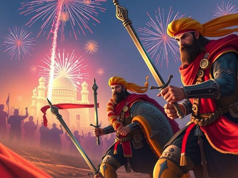 Sikh War Cry Legion Diwali event with fireworks and decorated warriors